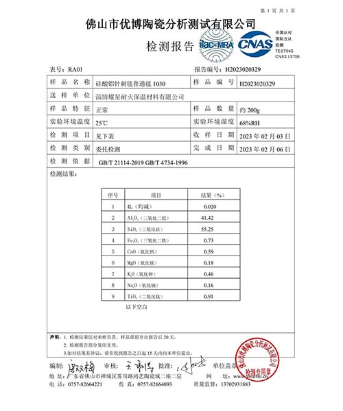 1050 ceramic blanket Test Report